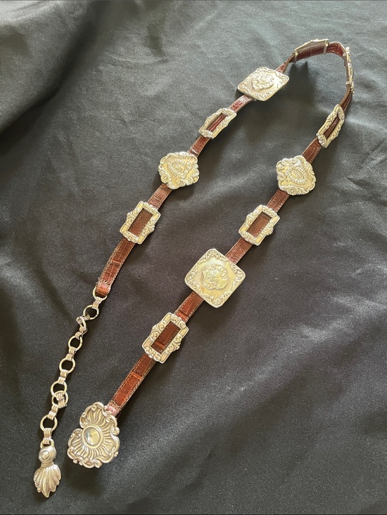90s BRIGHTON Silver Tone CONCHO Medallion Belt Sz L Cowgirl Southwest Vtg 1993
